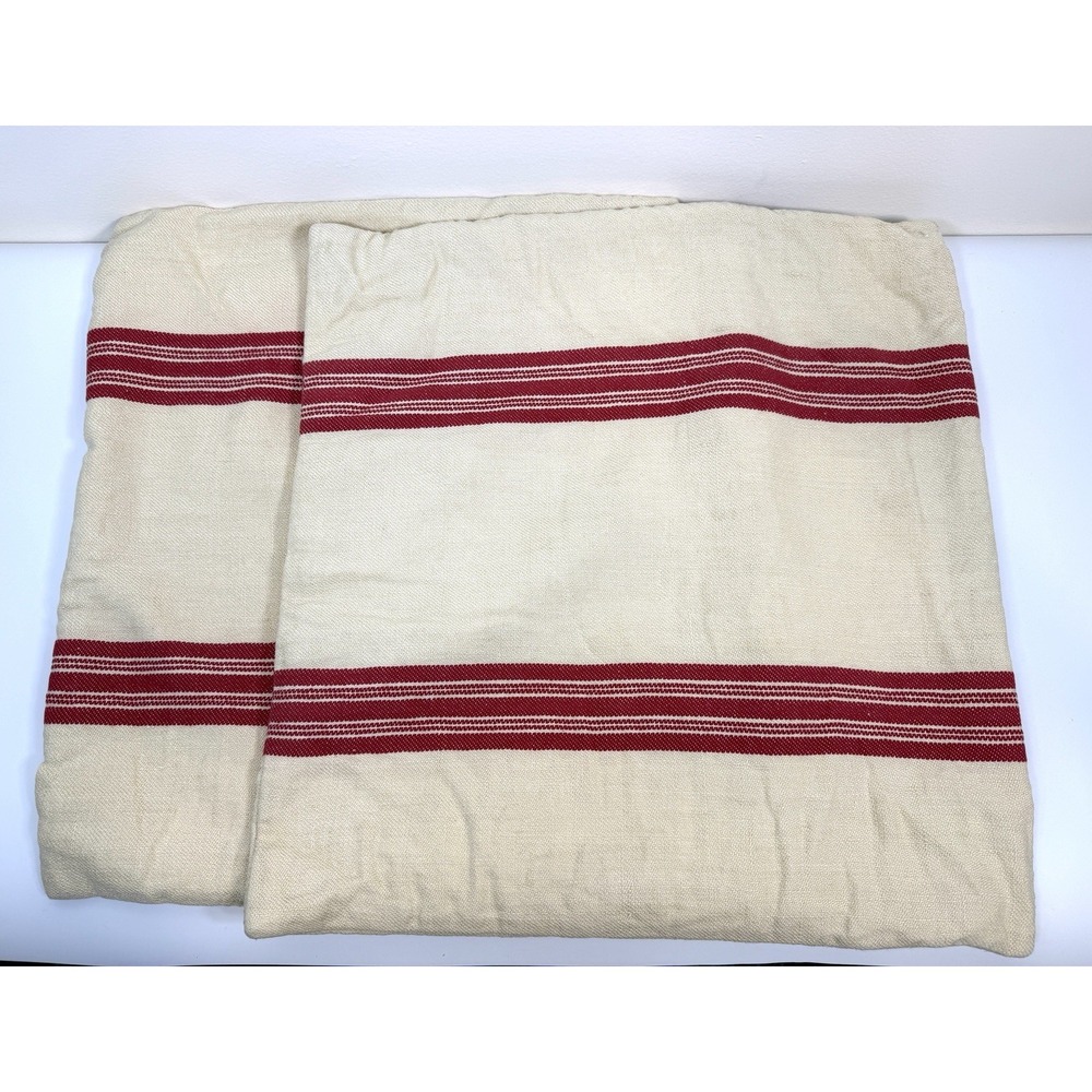 Pottery Barn Set Of 2 Throw Pillow Covers Linen Blend Red Stripe Rustic French